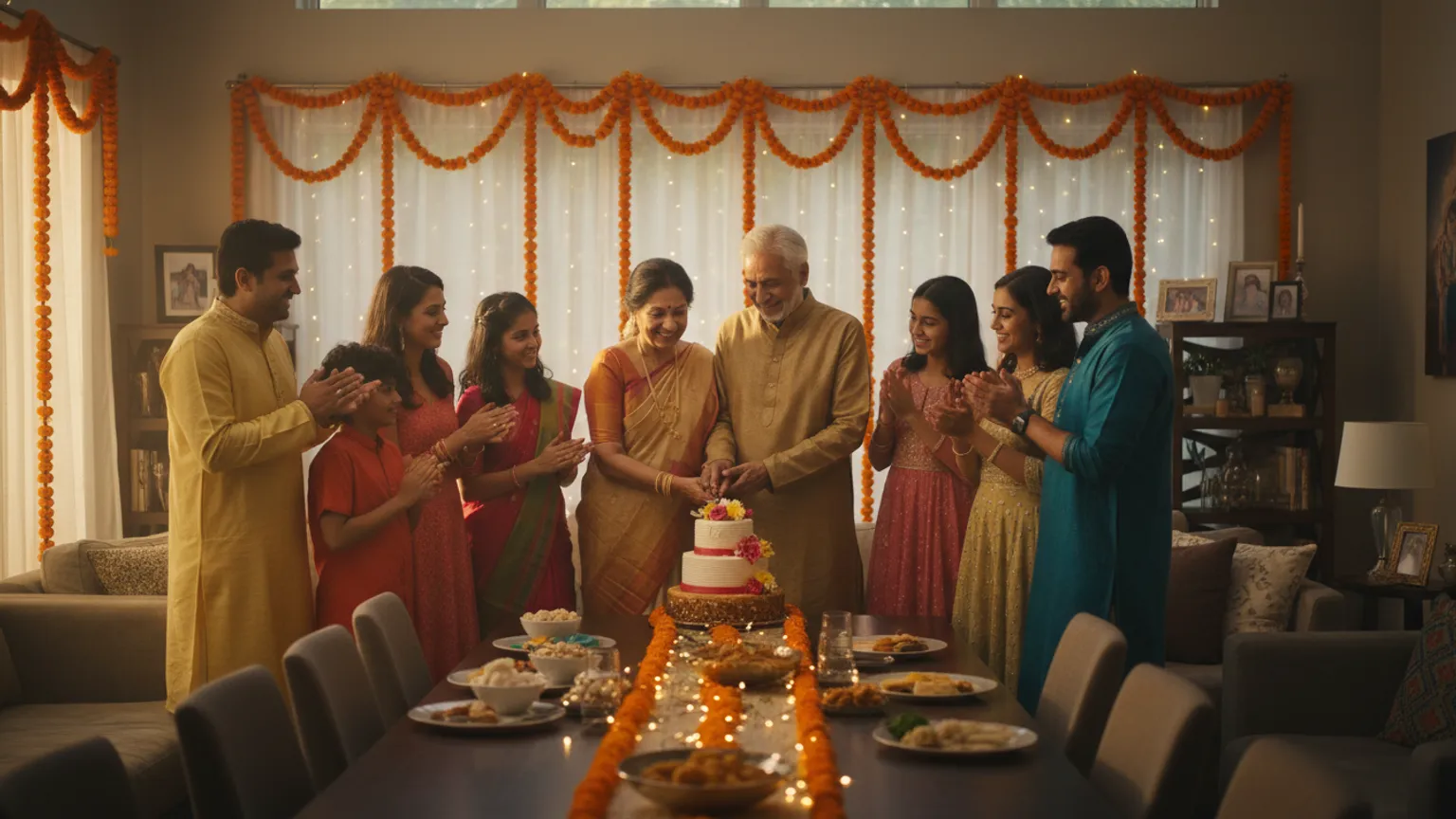An elder couple cutting a cake surrounded by family at their anniversary