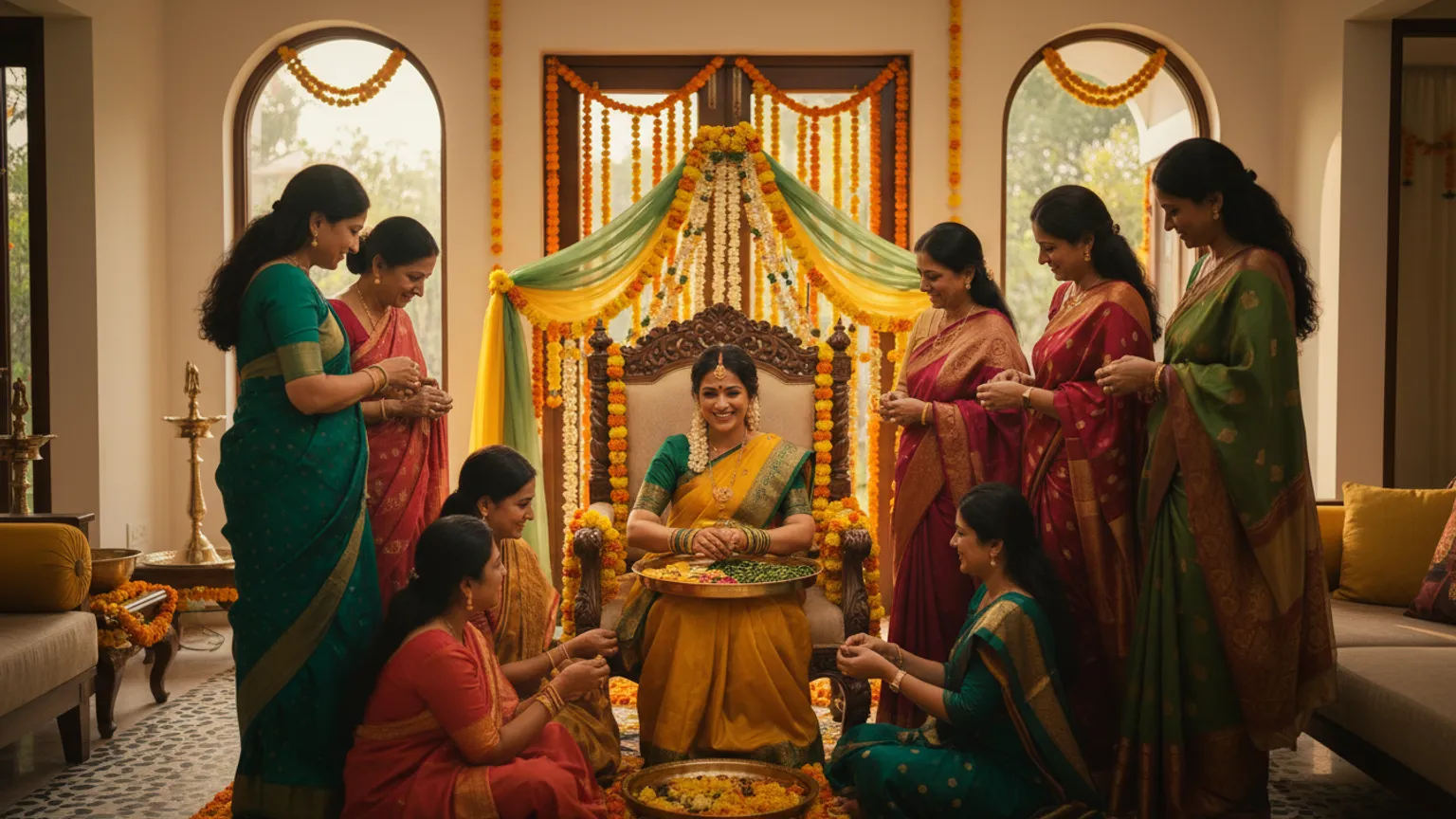 Women of the family gathered around a mother-to-be at a home godh bharai