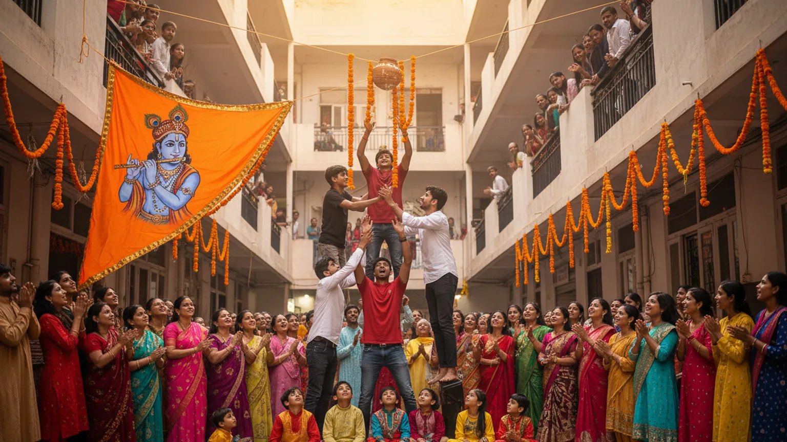 Residents forming a small pyramid to break a dahi handi in a society courtyard