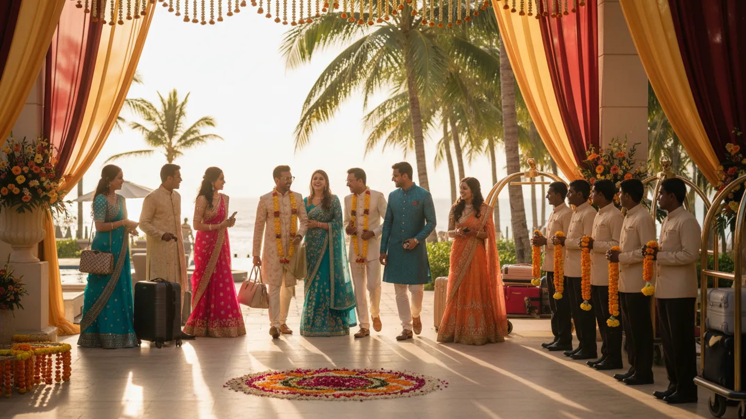 Wedding guests arriving at a scenic destination-wedding resort