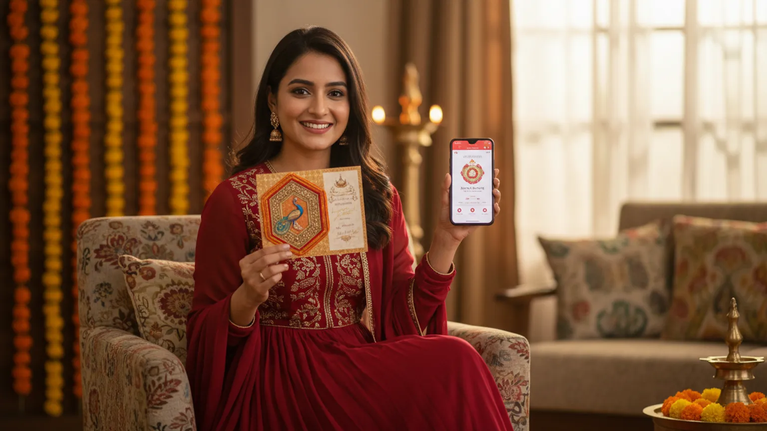 A woman comparing a printed wedding card with a digital invite on her phone