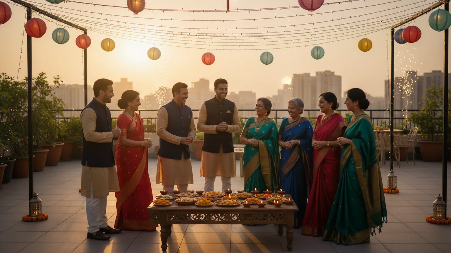 Colleagues and family celebrating Diwali together on a lit terrace