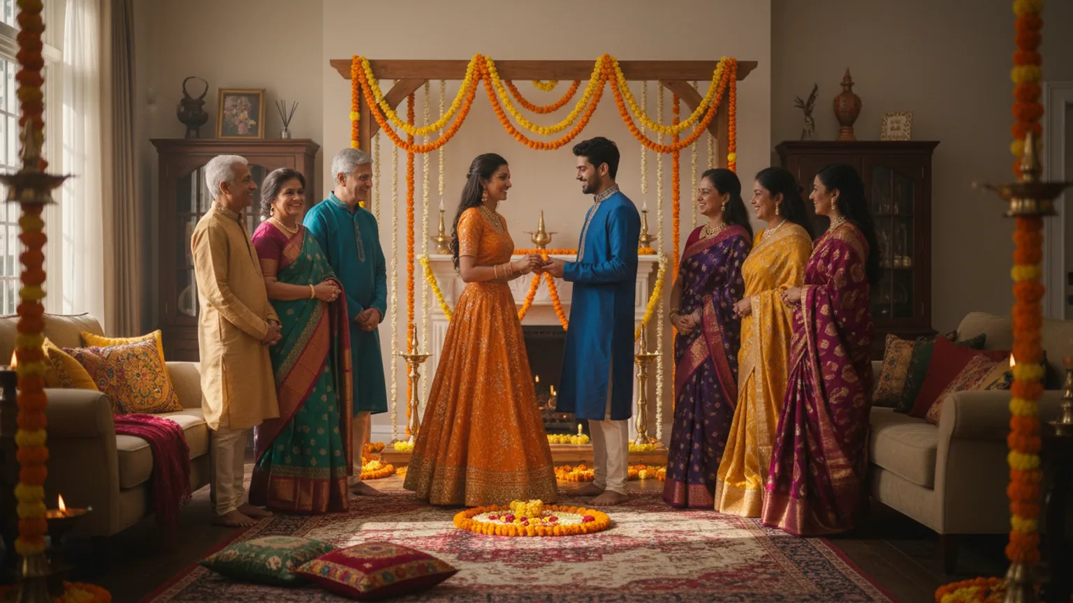 Two families gathered around a couple exchanging rings at an engagement