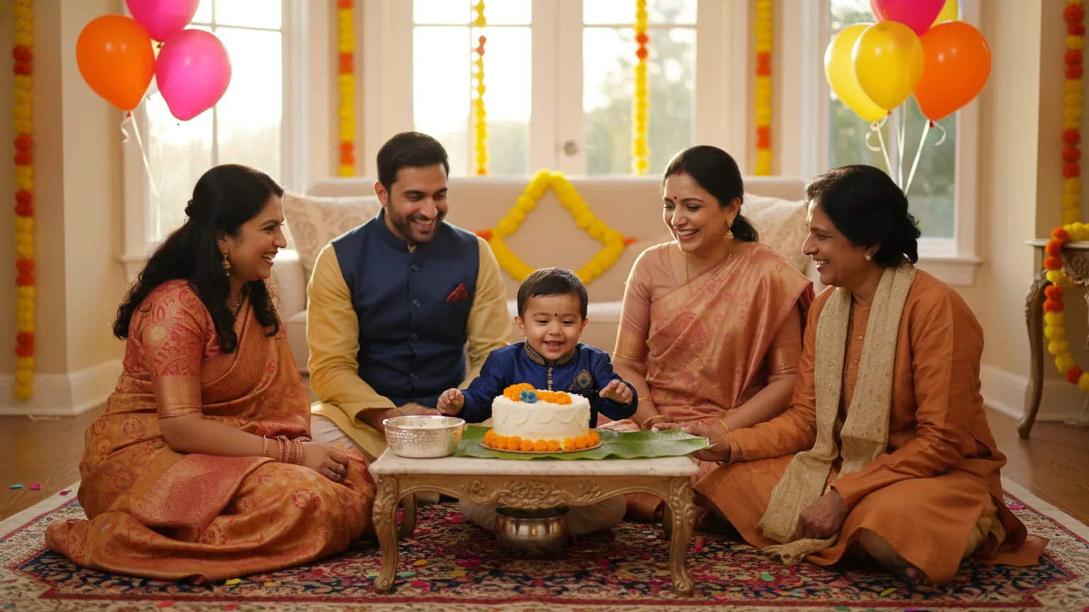 Family celebrating a baby's first birthday and annaprashan