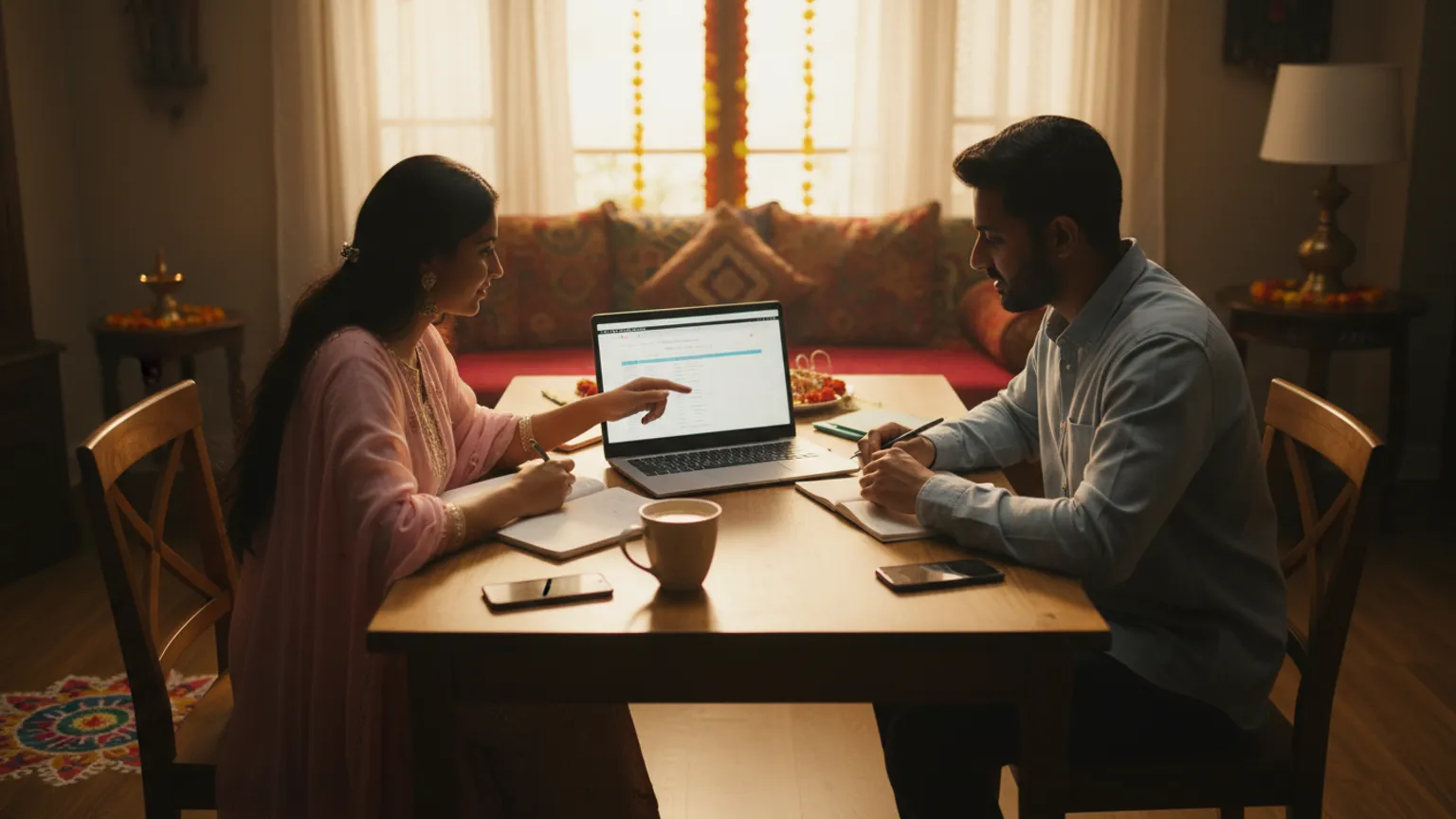 A young couple building a guest list at home in the evening