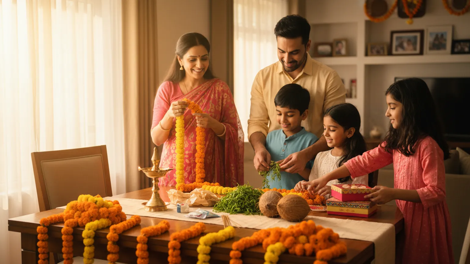 A family laying out Ganpati puja samagri on a table before the festival
