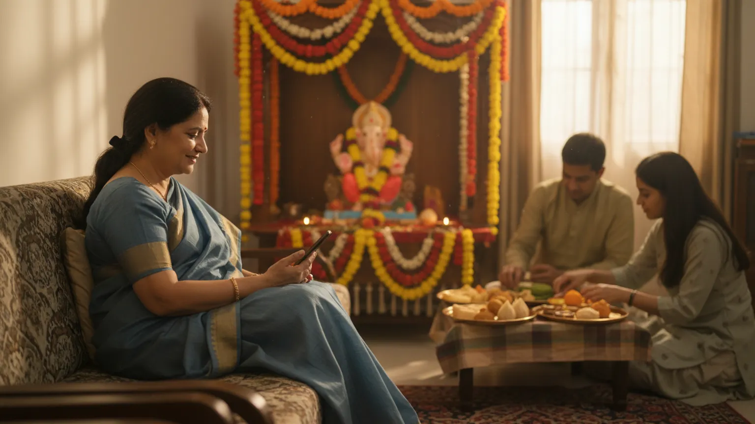 A host messaging relatives from her sofa beside a decorated Ganpati mandap