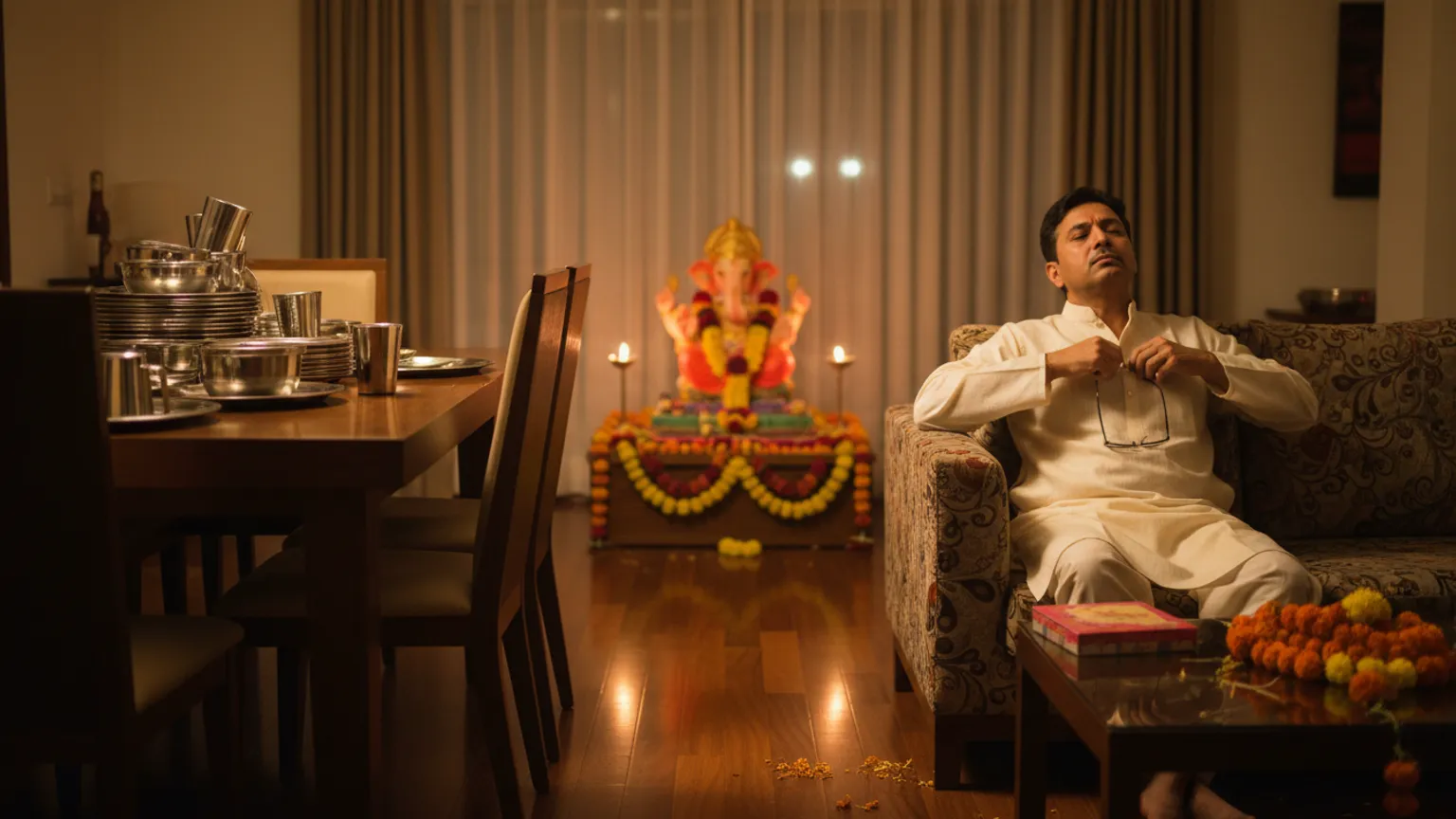 A living room late at night after a Ganpati gathering, plates stacked and lamp still lit