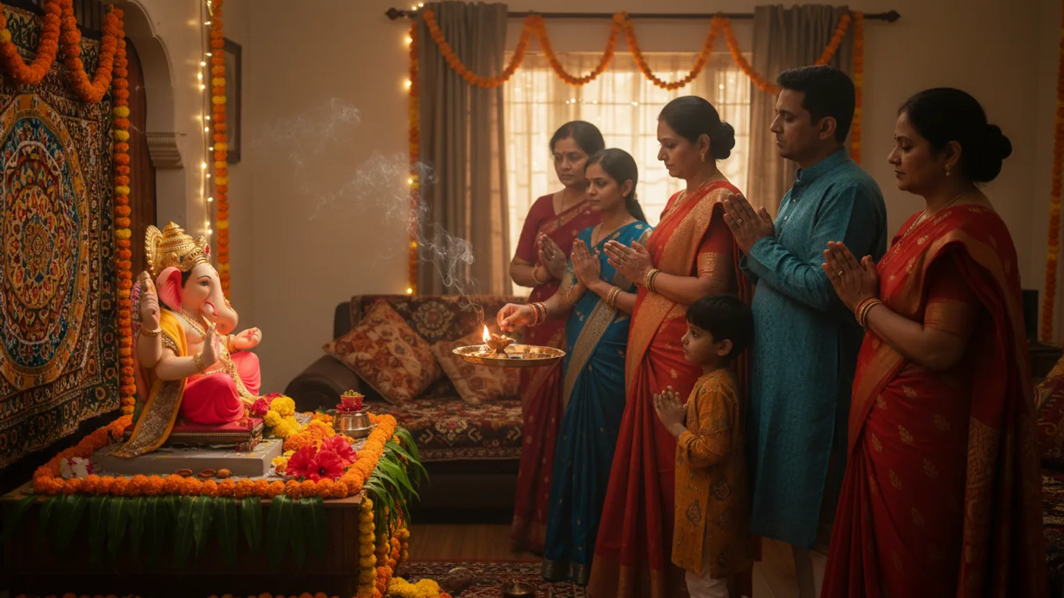 A family and neighbours doing evening Ganpati aarti at home