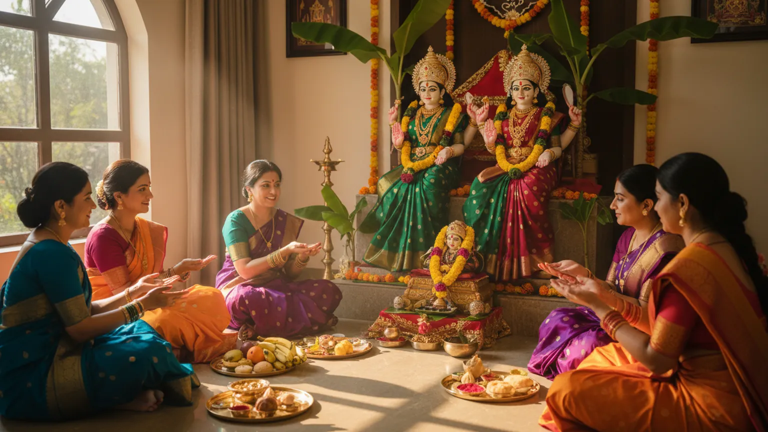 Women seated for haldi-kumkum around two decorated Gauri idols at home