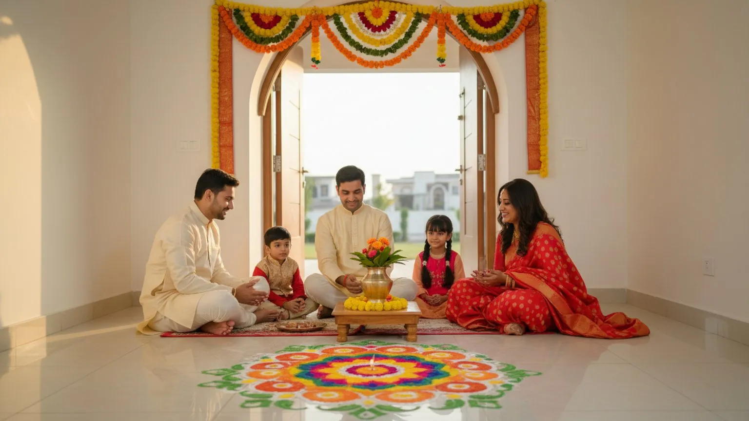 An Indian family performing a griha pravesh puja at their new home