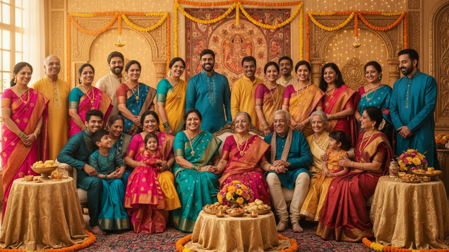 A large joint Indian family gathered together at a festive function