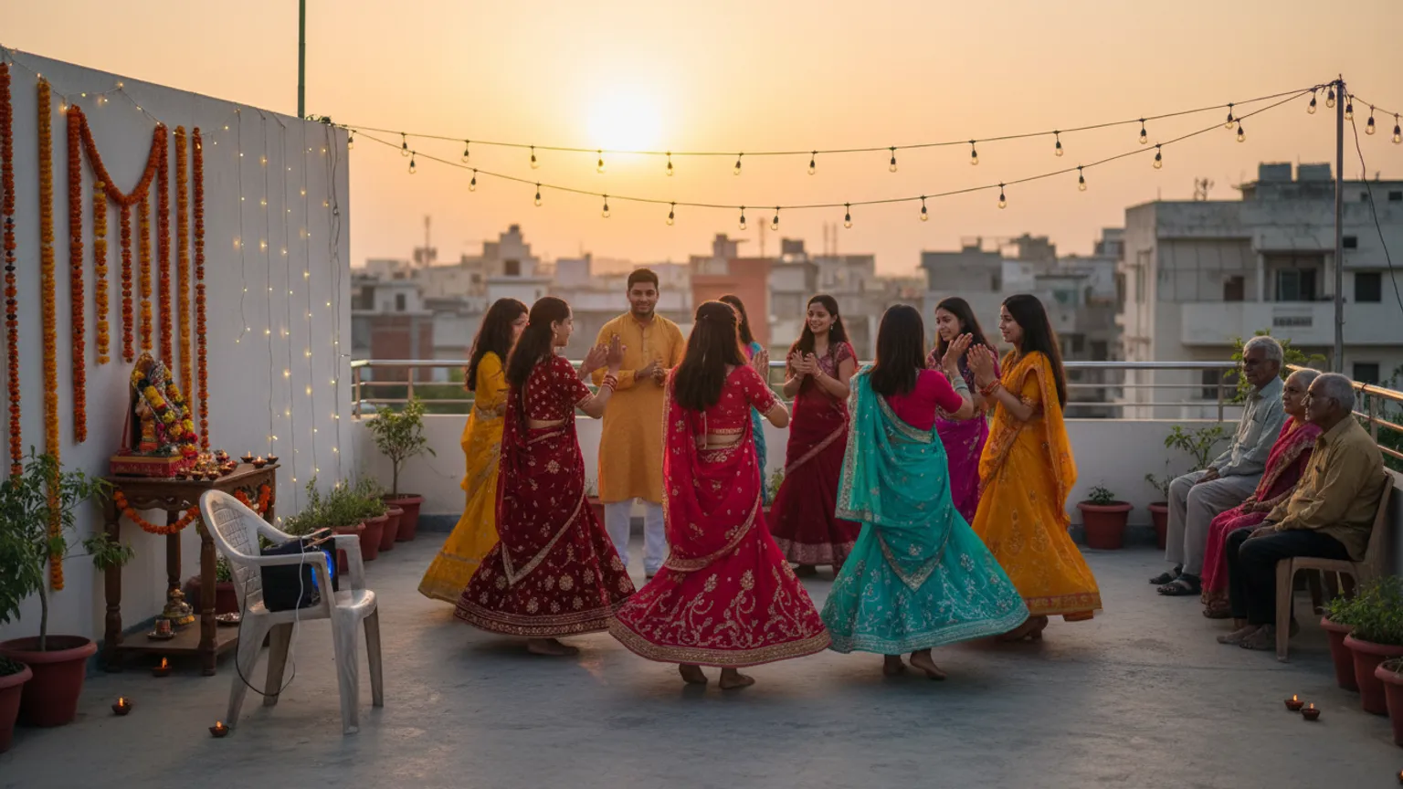 A small garba circle dancing on a society terrace under string lights