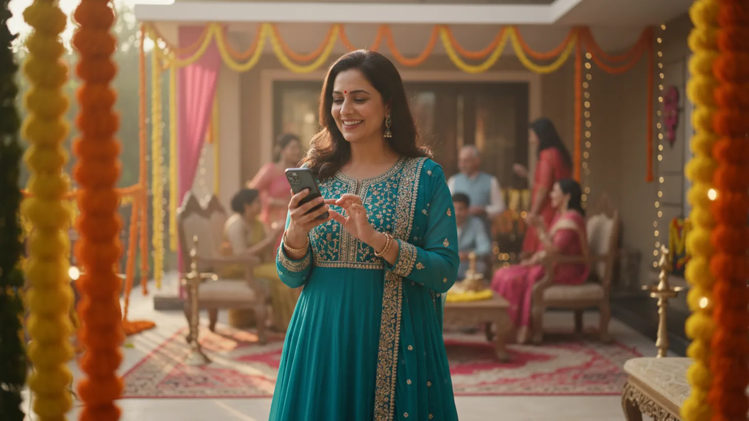 An Indian host managing celebration invitations on a smartphone