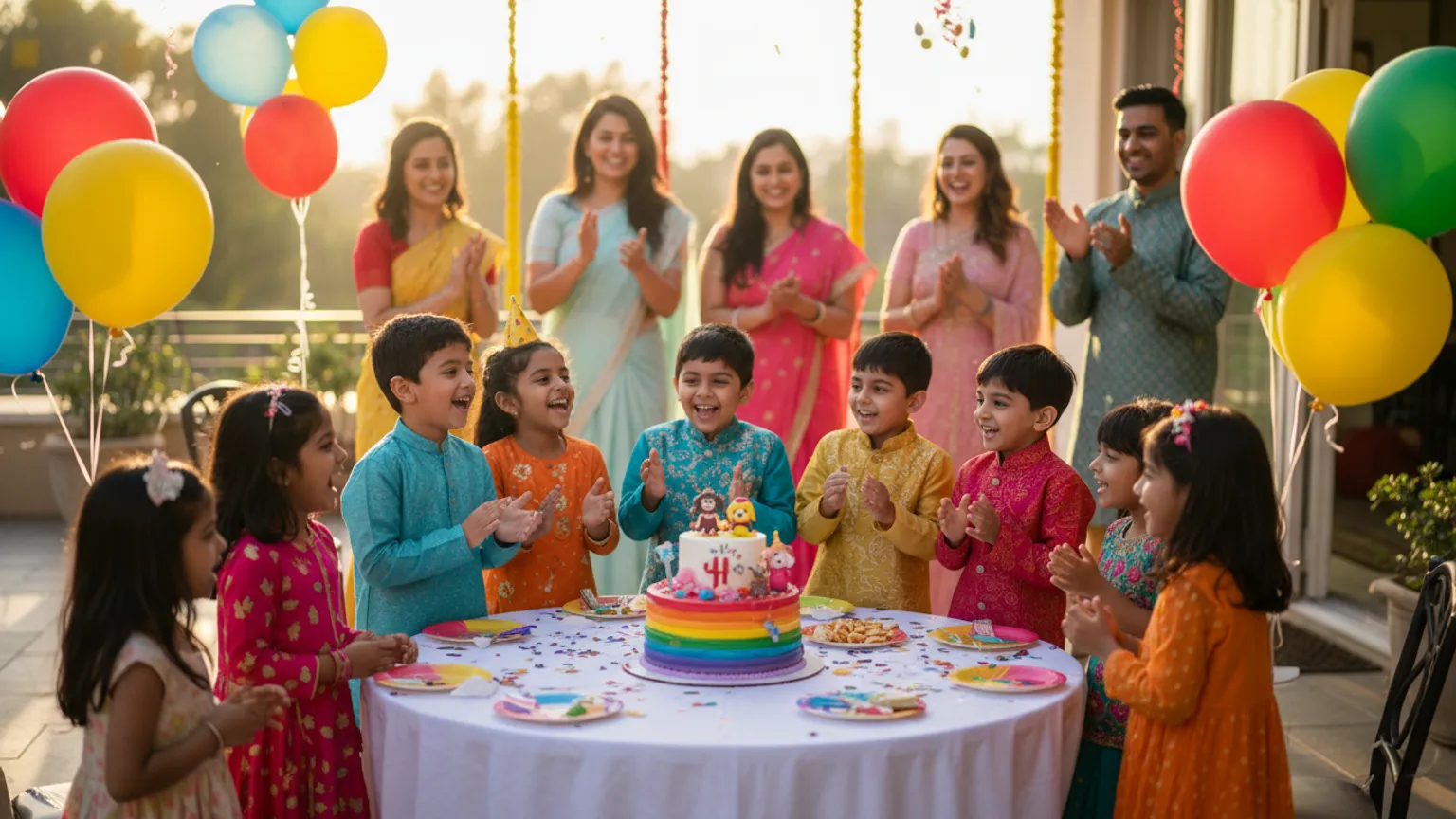 Children laughing around a cake at an Indian birthday party