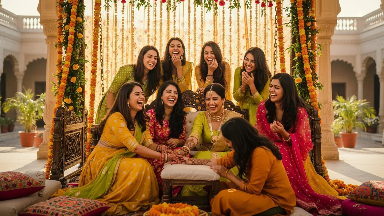 Women in bright outfits laughing together at an Indian mehndi ceremony