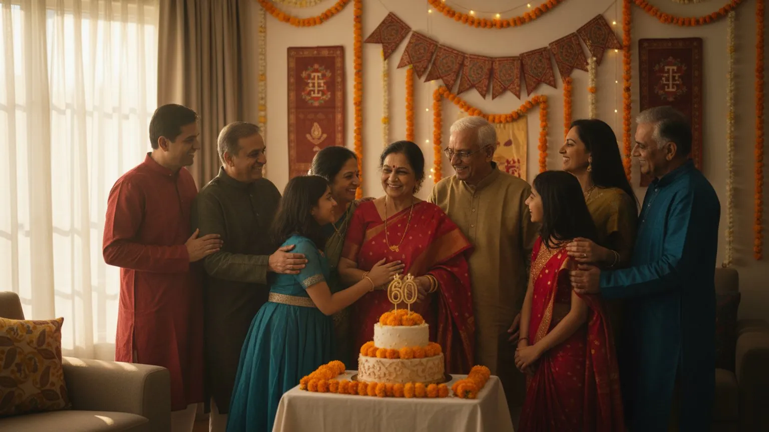 Family gathered around a cake at an elder couple's 60th birthday
