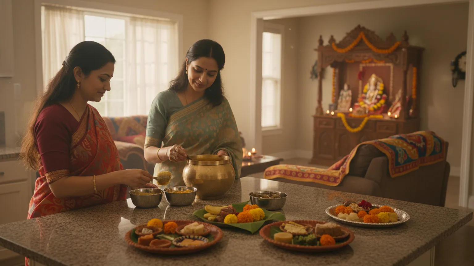 A family portioning prasad into steel bowls in their kitchen before a puja