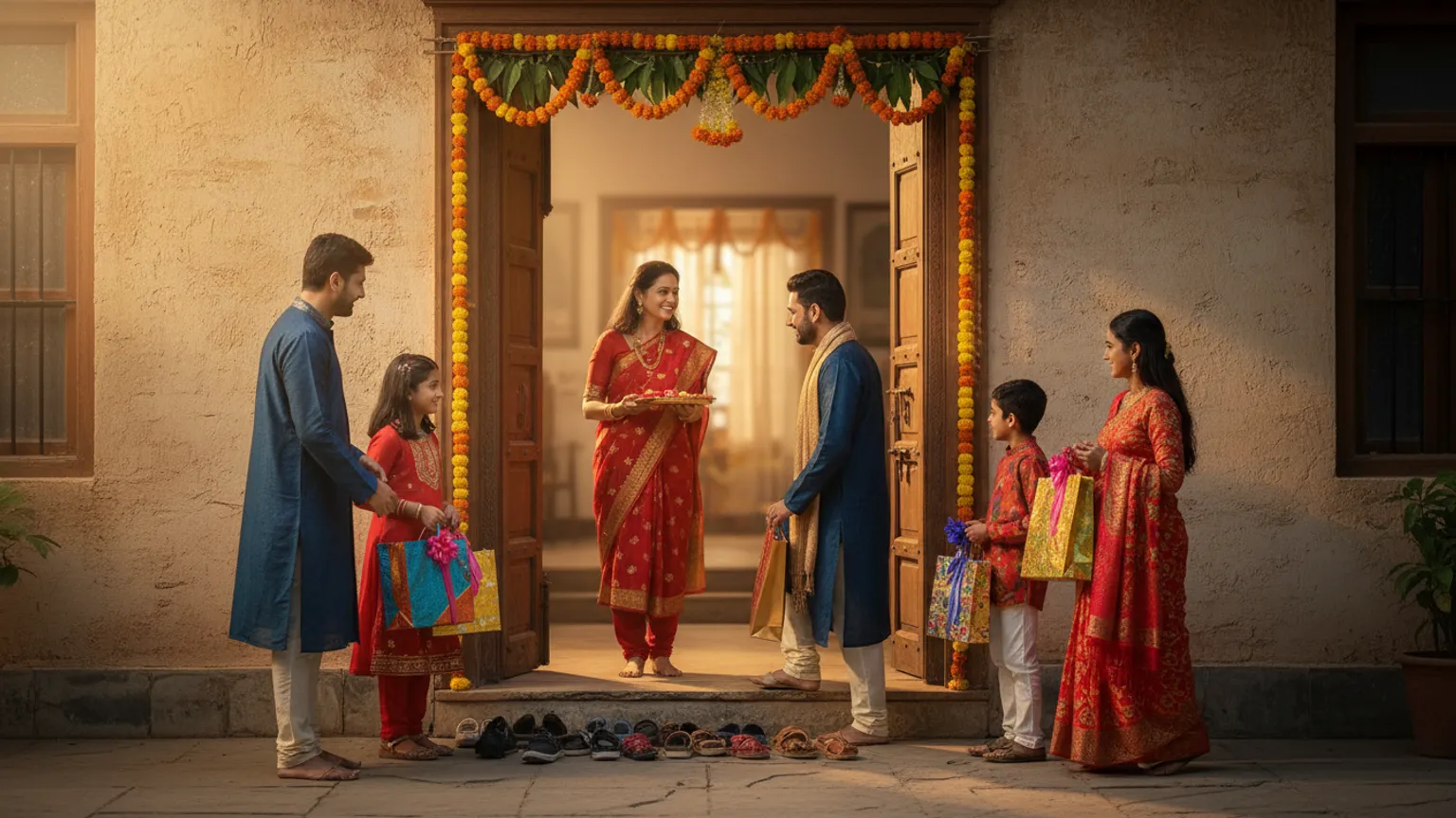 Two families arriving together at a home doorway on Raksha Bandhan morning