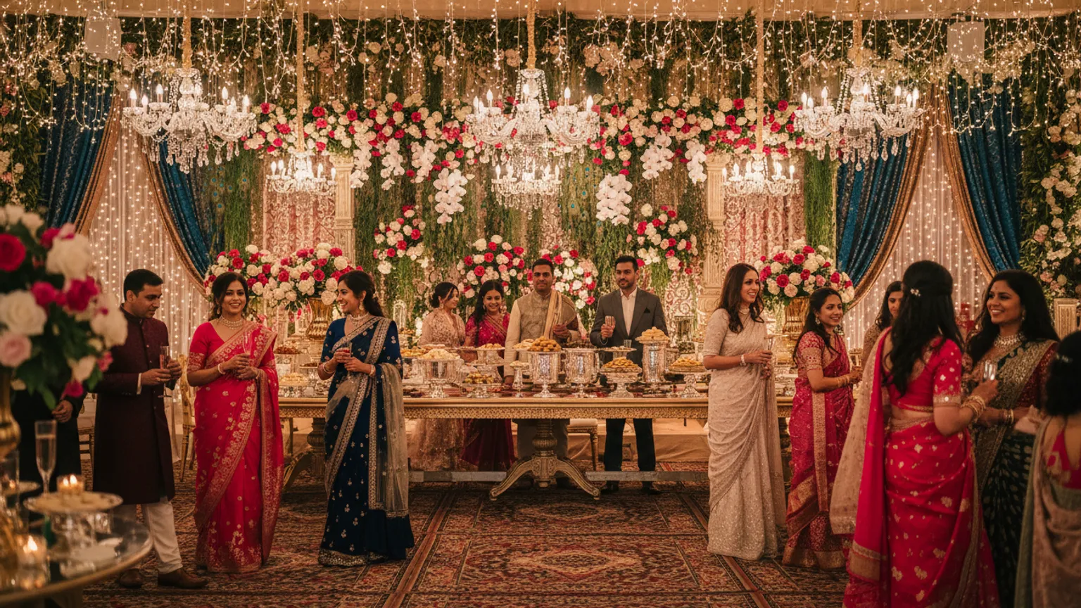 Guests mingling at an elegant Indian wedding reception