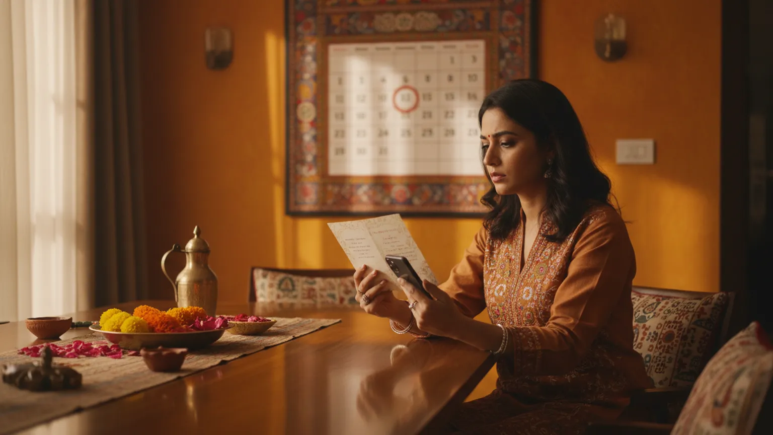 A host planning an invitation reply-by date at a dining table