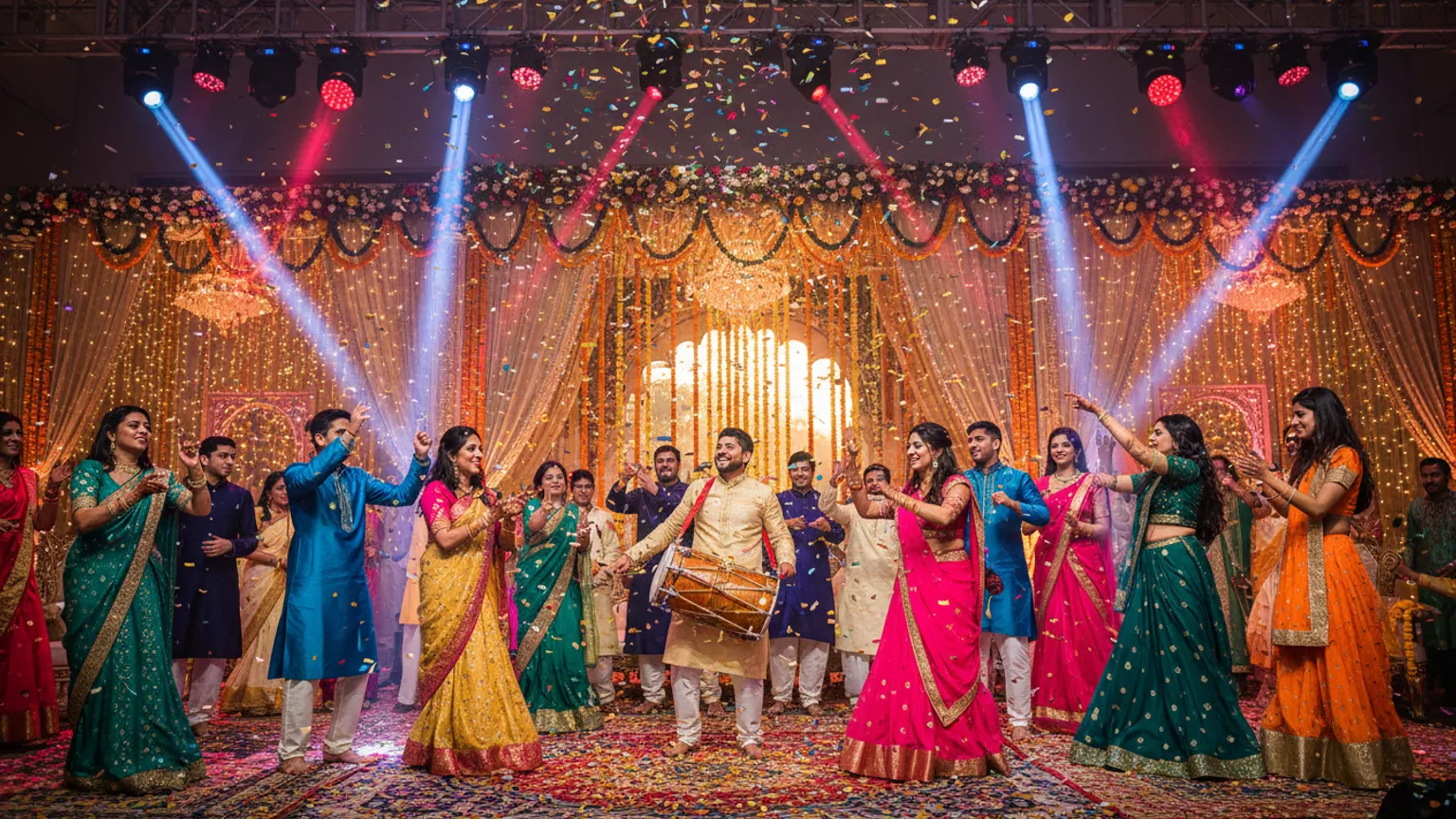Families dancing on stage with a dhol player at a sangeet night