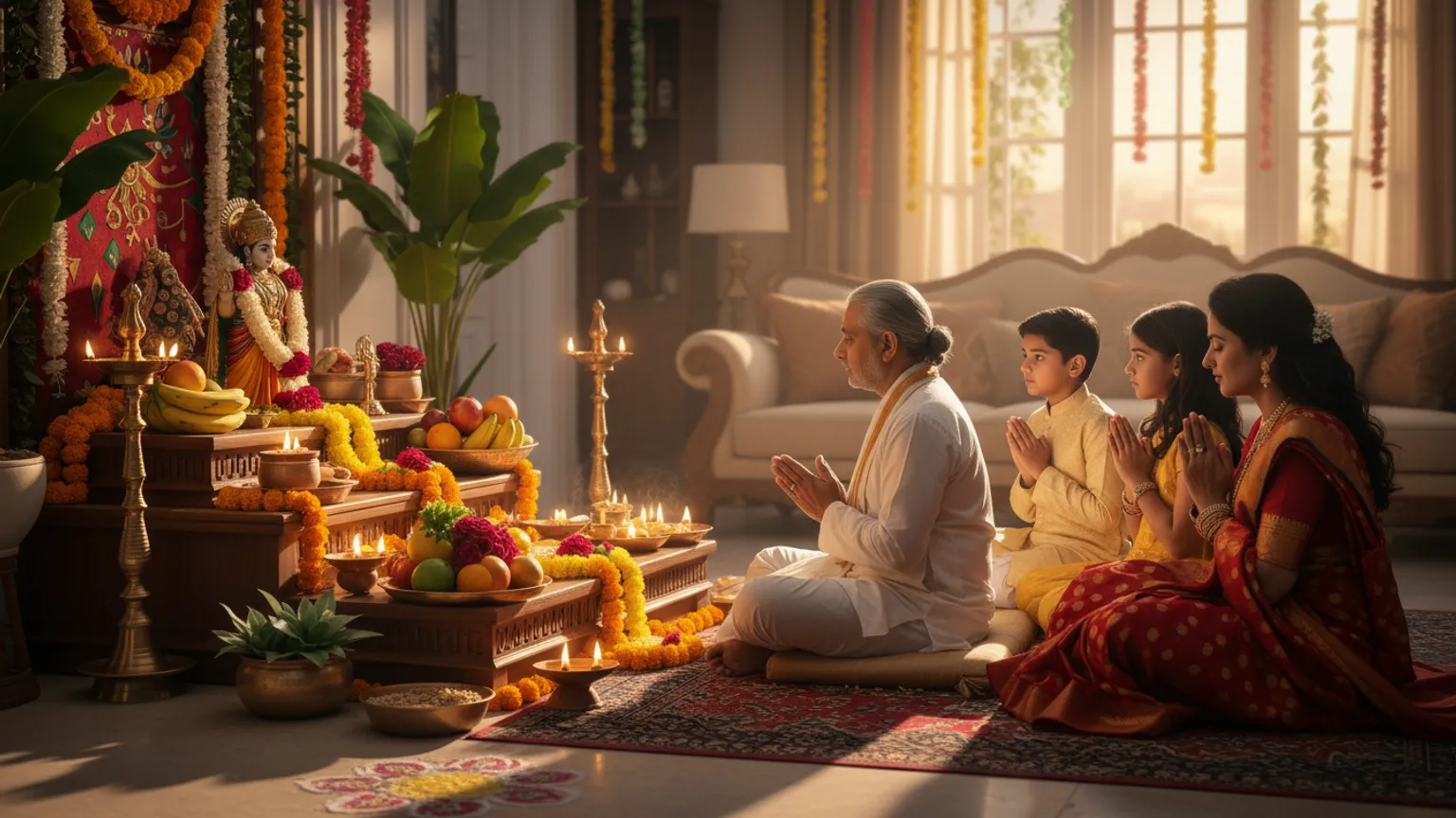 A family seated for a Satyanarayan katha puja at home