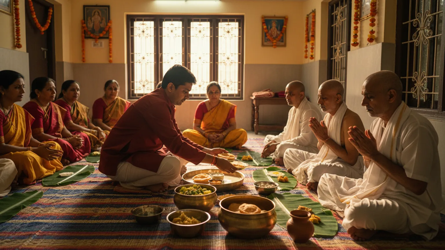 A family serving a satvik shraddh bhoj on banana leaves at home