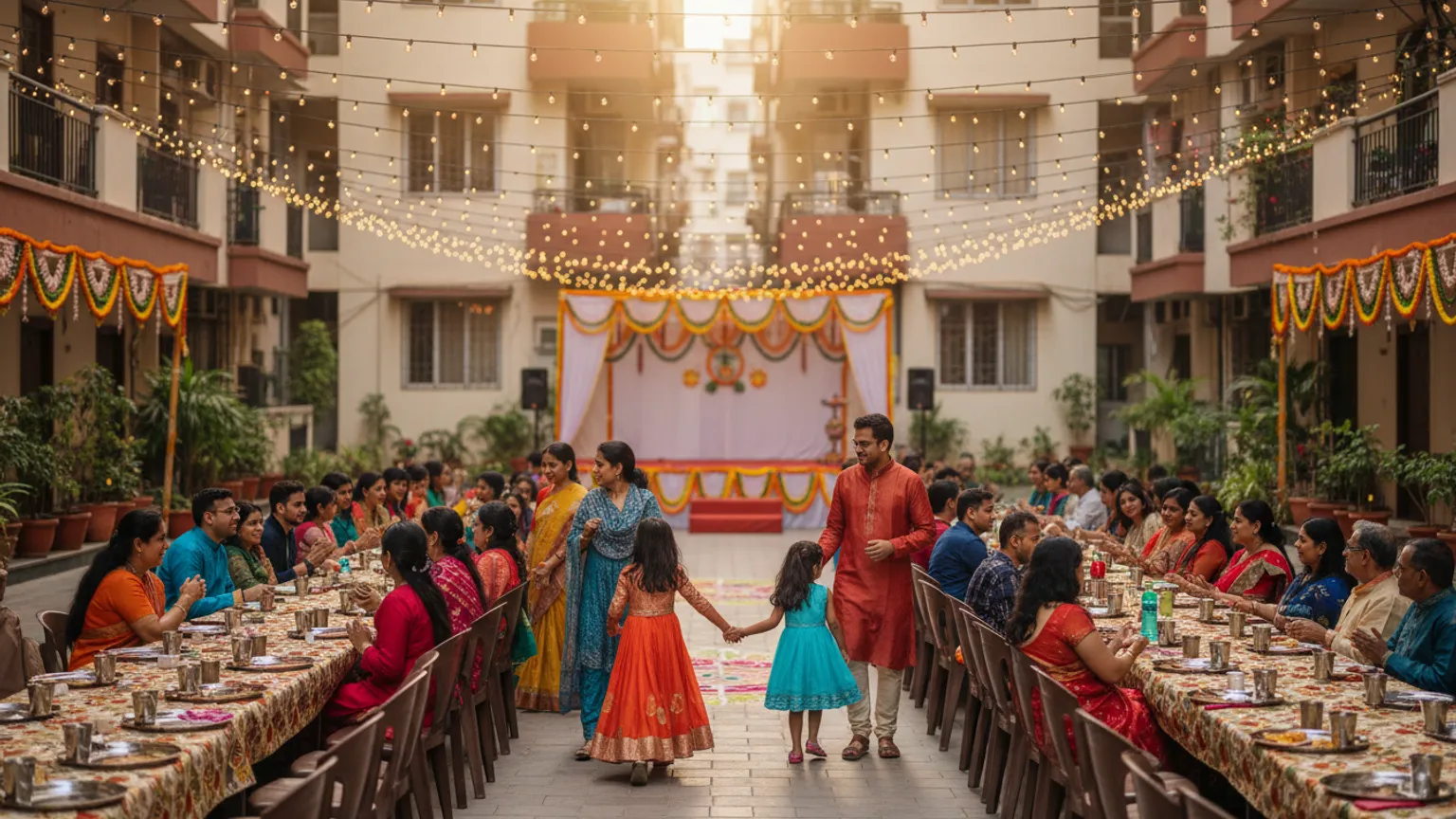 Residents gathered for a festival community dinner in an apartment society courtyard