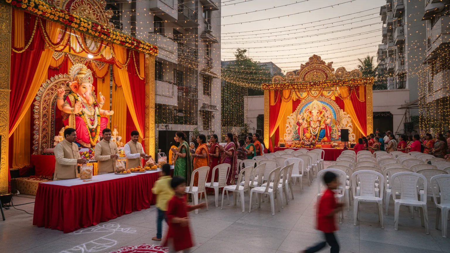 A society pandal with rows of chairs and families arriving for Ganpati
