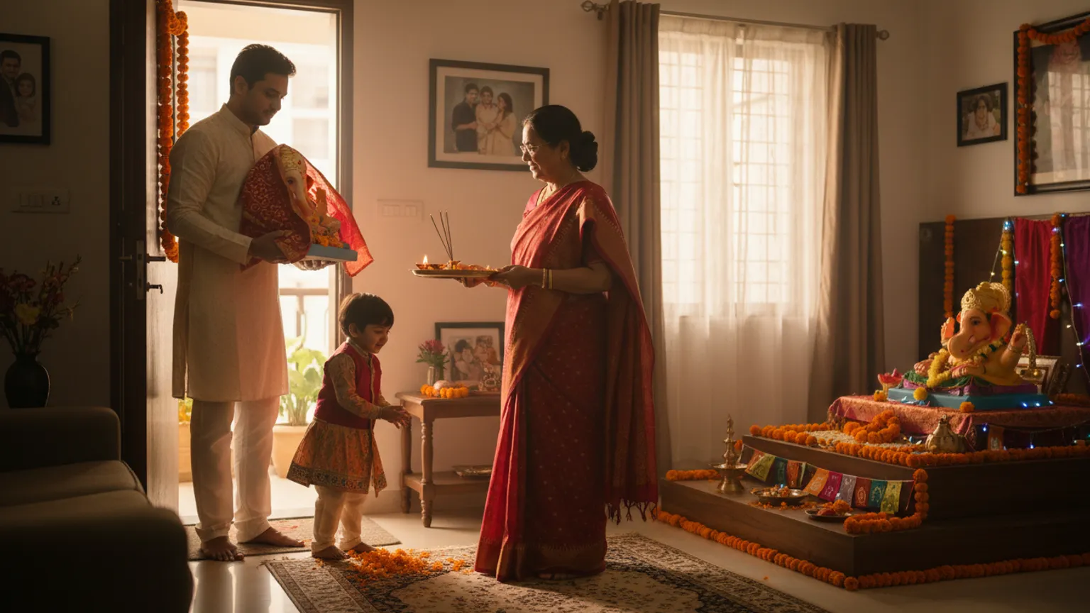 A family carrying the Ganesh murti into the house on sthapana morning