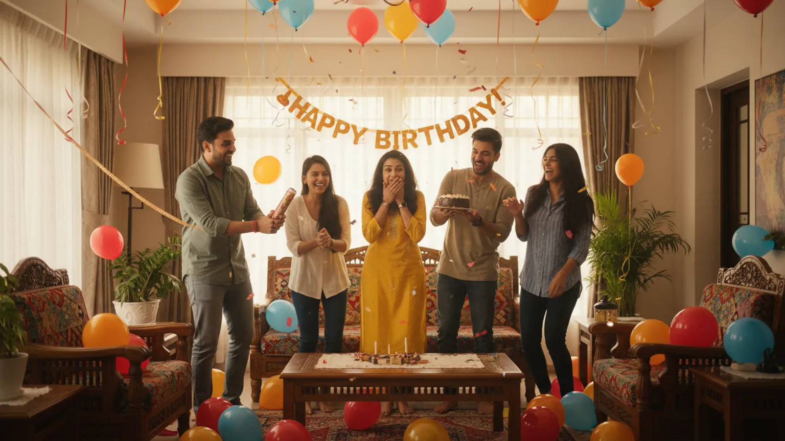 Friends surprising a delighted friend at a balloon-filled party