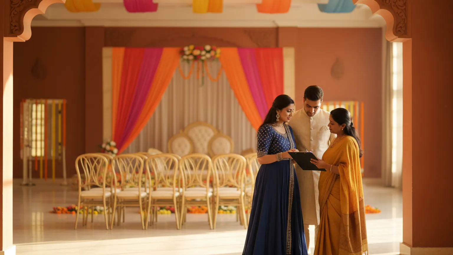 A host couple reviewing a booking form with a banquet hall manager before an event