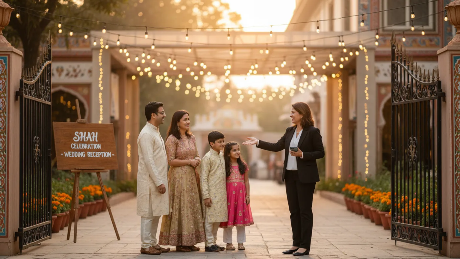 A host at a venue gate guiding an arriving family to the right entrance in the evening