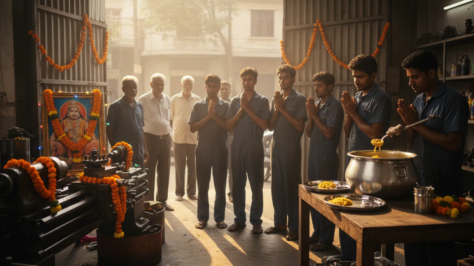 Workshop team gathered for Vishwakarma Puja bhog beside garlanded machines