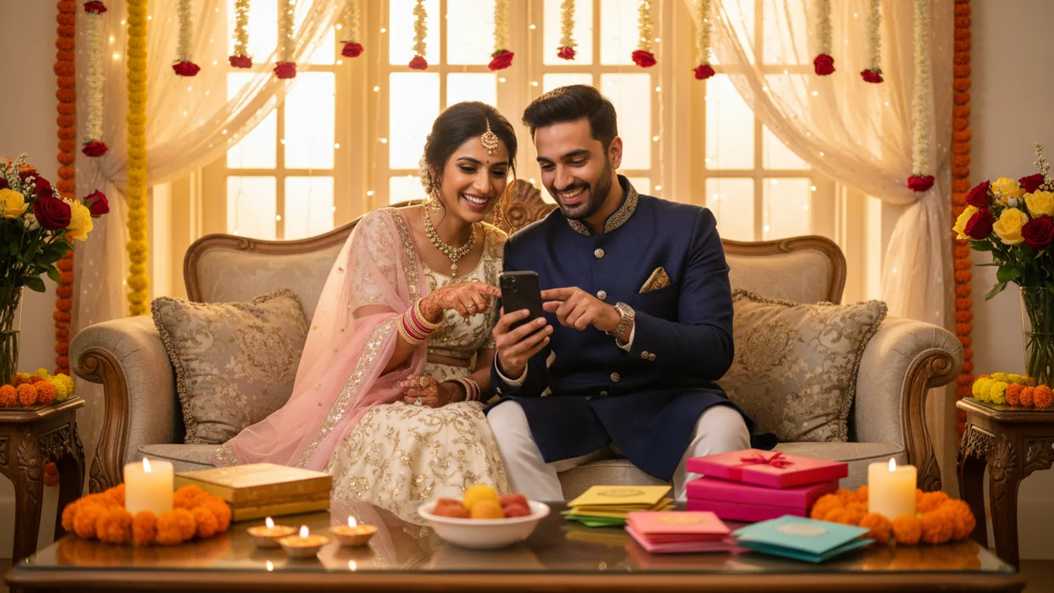 A couple sending their wedding invitations together on a phone