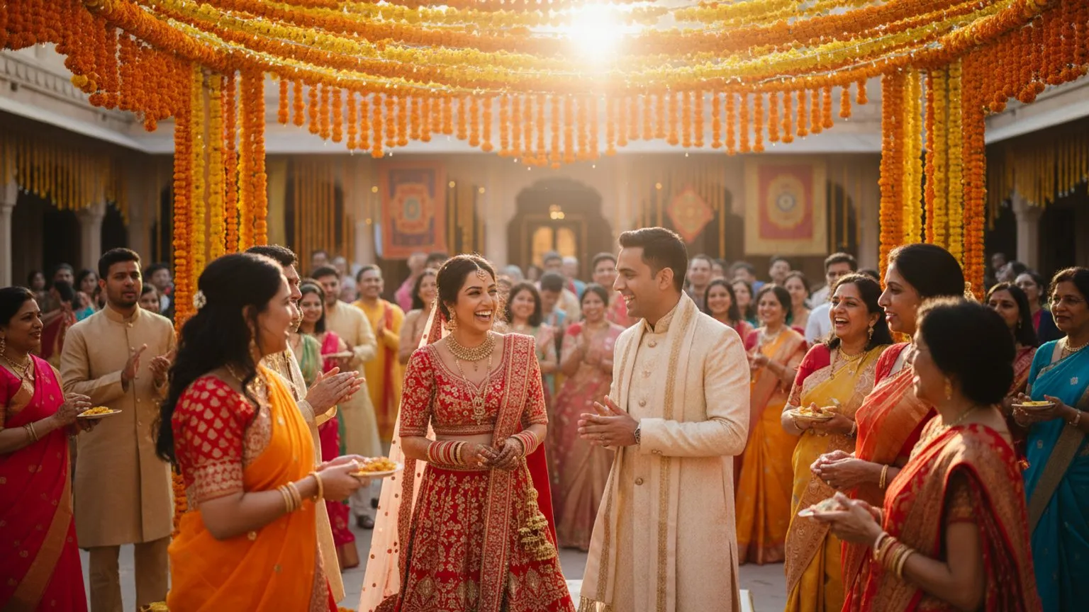 A bride and groom laughing with family under a marigold wedding mandap