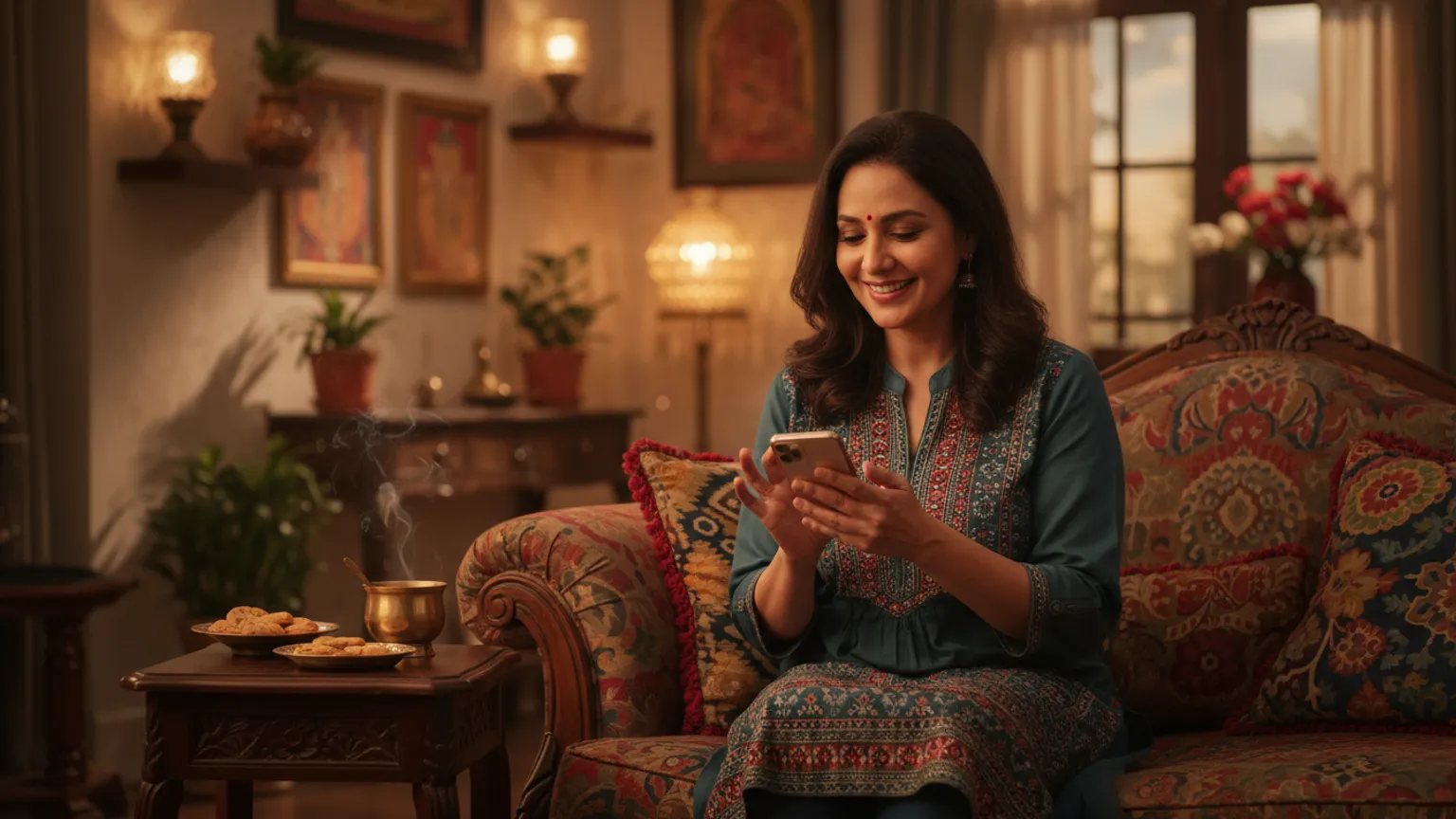 A woman smiling as she opens a message on her phone at home
