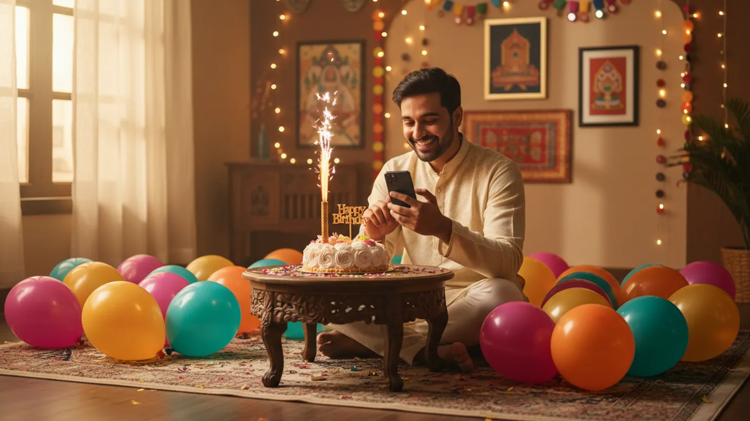 A person inviting friends to a birthday amid balloons and cake