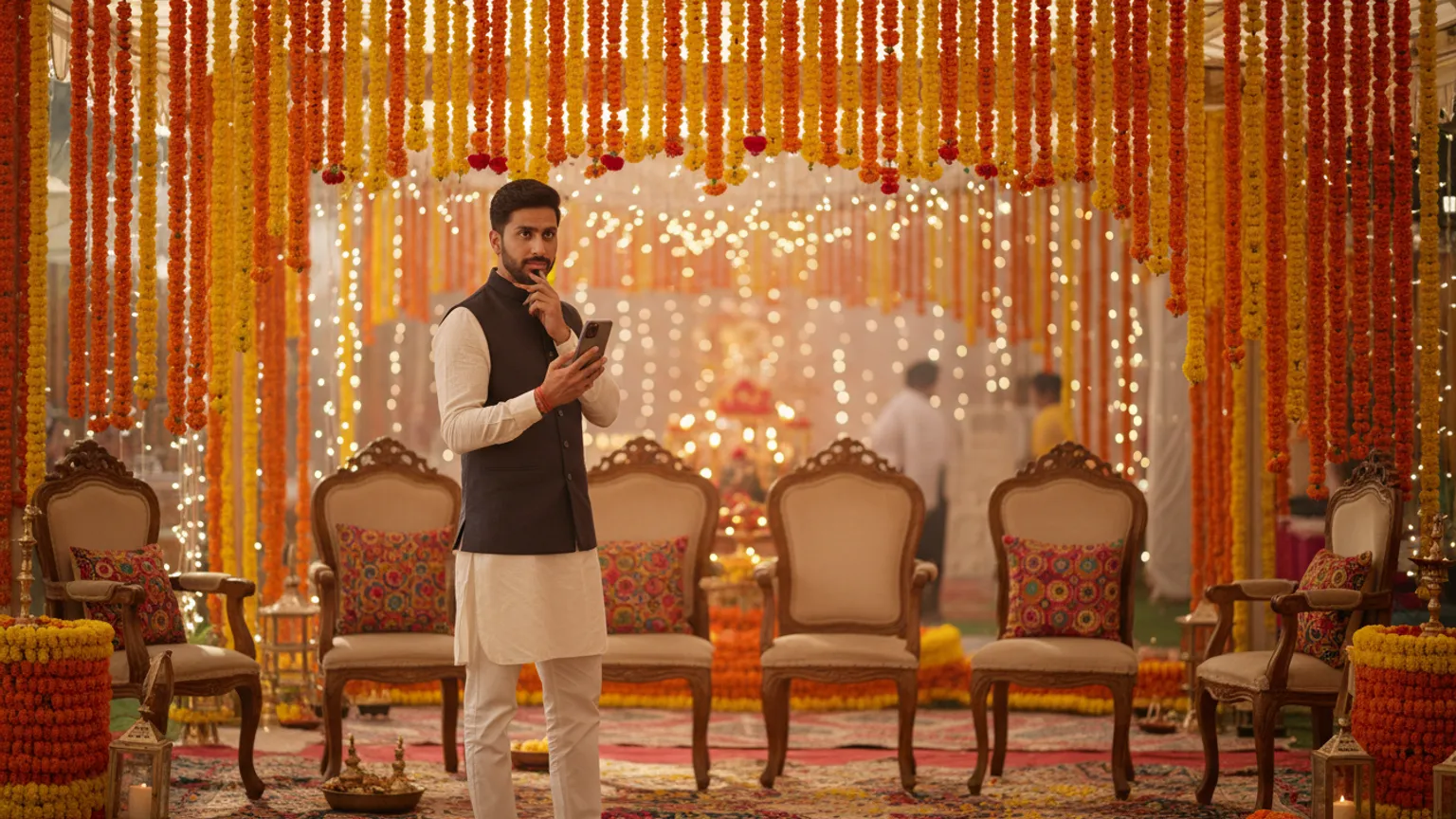 A host checking a guest list on a phone beside a few empty chairs